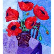 Red Poppies In Purple Vase