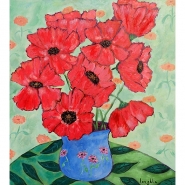 Red Poppies In Blue Vase