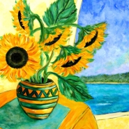Sunflowers in Green and Yellow Vase